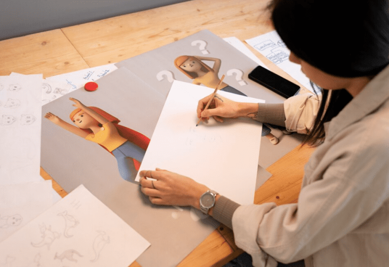 A motion graphics designer drawing a sketch on blank paper.